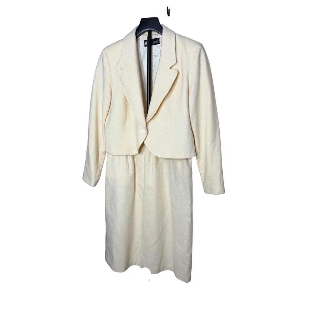 Thats Me Vintage Cream 100% Wool Skirt Suit Set Cropped Blazer Midi Skirt 11/12